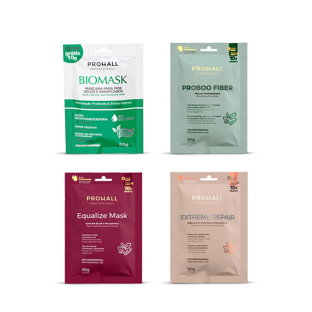Kit 4 Sachês - Biomask, Extreme Repair, Proboo Fiber e Equalize 50g - Prohall