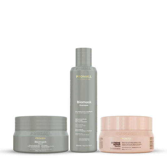 Kit Shampoo Biomask 300ml + Máscara Biomask 300g + Máscara Extreme Repair 300g - Prohall